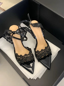 2026 Summer New French Niche Design Women Sandals, Pointed Toe Lace Stiletto High Heel Open Toe Outdoor Shoes