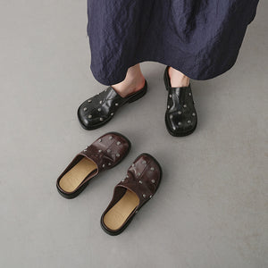 Breathable Full Grain Leather Studded Mules, Women's Slip-On Backless Shoes