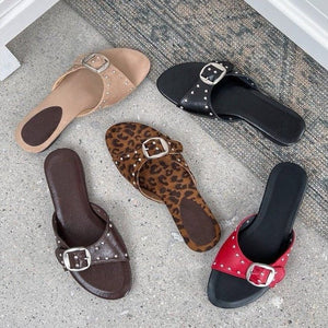 2026 Summer New French Style Buckle Slide Sandals Women Flat Leopard Print Beach Holiday Outdoor Slippers
