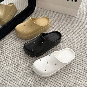 2026 New Spring Summer Women Closed Toe Half Slippers, Minimalist Design Metal Star Decor Platform Height Increasing Birken Style Comfort Outdoor Slides